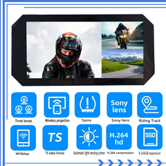 CIMOSX RDX three-lens motorcycle dashcam 360° adjustable HD video, Sony lens, GPS navigation, tire pressure monitoring, screen projection navigation, waterproof design, WiFi remote connection, support up to 256GB storage