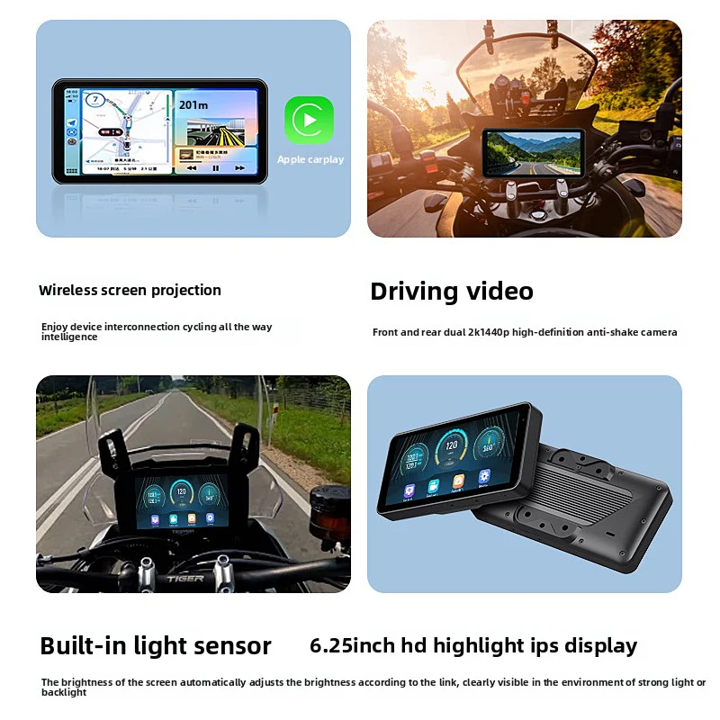 Cimosx FX motorcycle navigation recorder 6.25-inch large screen dual 2K driving camera | Support CarPlay/Android Auto | Front and rear dual recording | Bluetooth headset interconnection | Anti-shake night vision HD riding record | 24h parking monitoring